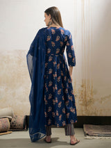 Women's Navy Floral Anarkali Kurta With Pant & Dupatta
