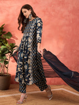 Women's Navy Floral Anarkali Kurta With Pencil Pant & Dupatta