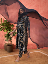 Women's Navy Floral Anarkali Kurta With Pencil Pant & Dupatta