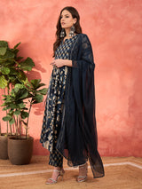 Women's Navy Floral Anarkali Kurta With Pencil Pant & Dupatta