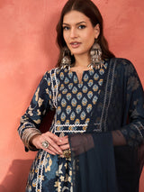Women's Navy Floral Anarkali Kurta With Pencil Pant & Dupatta