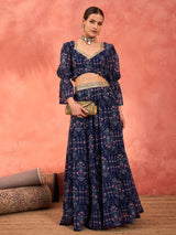 Women's Navy Floral Hem Frill Crop Top With Anarkali Skirt