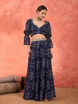 Women's Navy Floral Hem Frill Crop Top With Anarkali Skirt