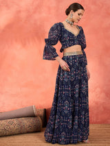 Women's Navy Floral Hem Frill Crop Top With Anarkali Skirt