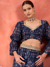 Women's Navy Floral Hem Frill Crop Top With Anarkali Skirt