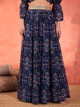 Women's Navy Floral Hem Frill Crop Top With Anarkali Skirt