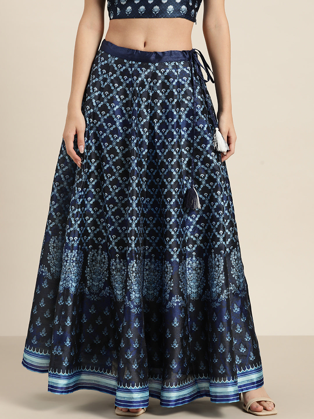 Women's Navy Festive Fit & Flared Skirt