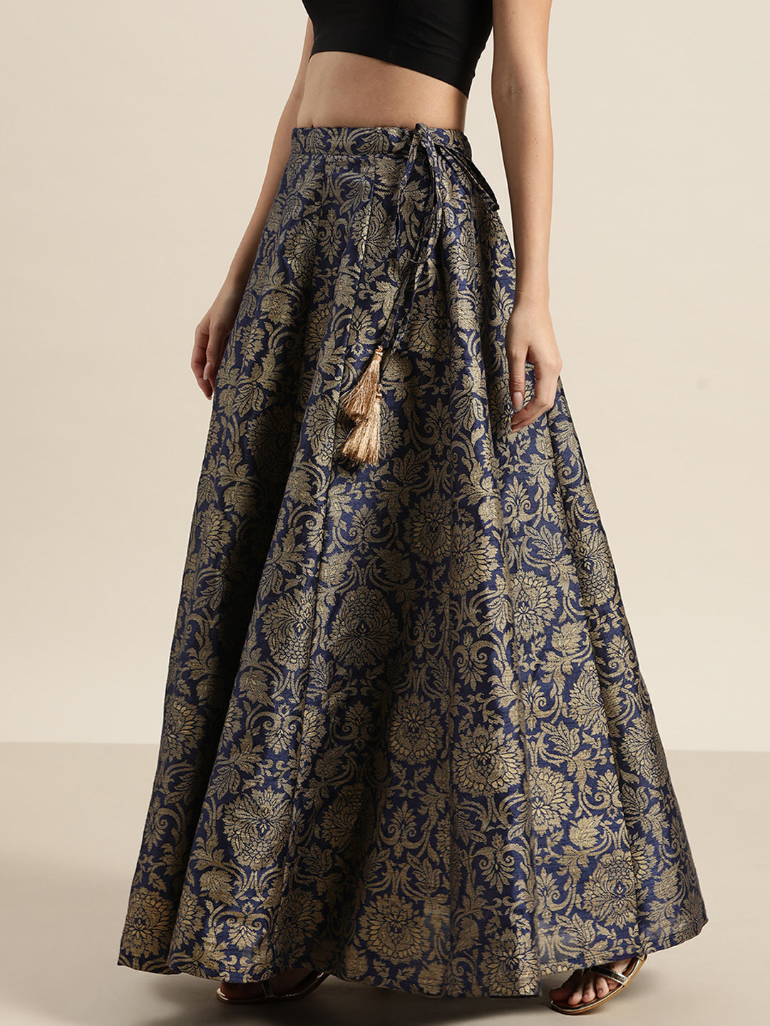 Women's Navy Festive Fit & Flared Skirt