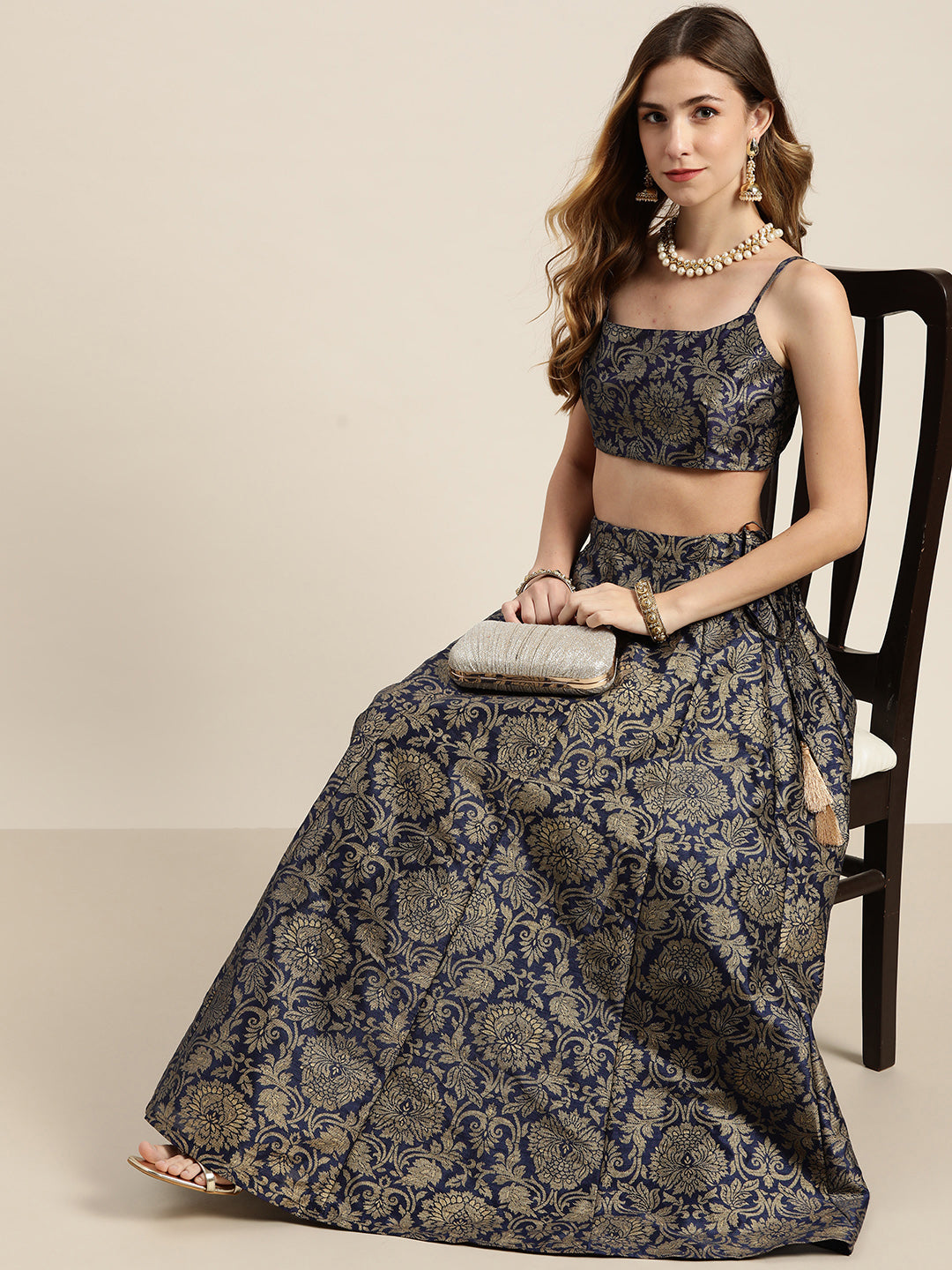 Women's Navy Festive Fit & Flared Skirt