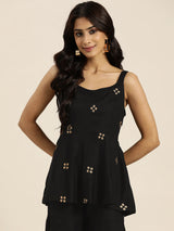 Women's Black Zari Embroidered Liva Strappy Top