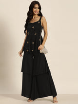 Women's Black Zari Embroidered Liva Strappy Top