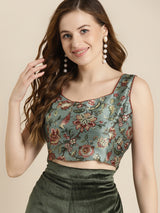 Women's Olive Floral Sweetheart Neck Crop Top