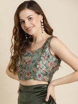 Women's Olive Floral Sweetheart Neck Crop Top