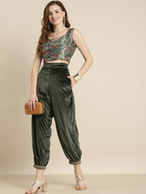 Women's Olive Floral Sweetheart Neck Crop Top