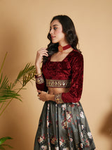 Women's Maroon Velvet Embroidered Crop Top