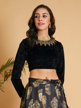 Women's Black Velvet Embroidered Full Sleeves Crop Top
