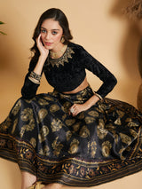 Women's Black Velvet Embroidered Full Sleeves Crop Top