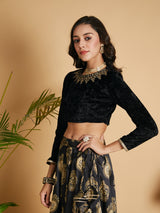 Women's Black Velvet Embroidered Full Sleeves Crop Top