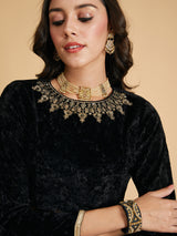Women's Black Velvet Embroidered Full Sleeves Crop Top