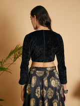Women's Black Velvet Embroidered Full Sleeves Crop Top