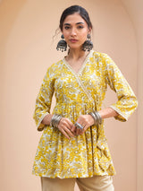 Women's Yellow Floral Wrap Neck Peplum Kurti