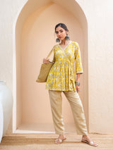 Women's Yellow Floral Wrap Neck Peplum Kurti