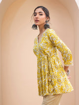 Women's Yellow Floral Wrap Neck Peplum Kurti