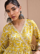 Women's Yellow Floral Wrap Neck Peplum Kurti