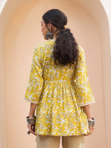 Women's Yellow Floral Wrap Neck Peplum Kurti