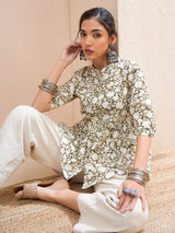 Women's Olive Floral Cambric Front Button Gathered Kurti