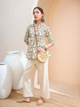 Women's Olive Floral Cambric Front Button Gathered Kurti