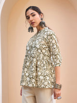 Women's Olive Floral Cambric Front Button Gathered Kurti