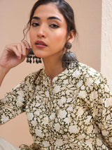 Women's Olive Floral Cambric Front Button Gathered Kurti