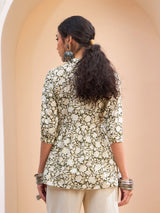 Women's Olive Floral Cambric Front Button Gathered Kurti
