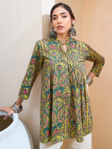Women's Dark Mustard Floral Cambric Front Tie Knot Kurti