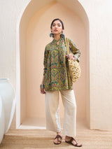 Women's Dark Mustard Floral Cambric Front Tie Knot Kurti