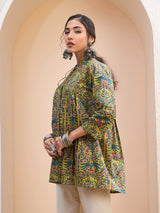 Women's Dark Mustard Floral Cambric Front Tie Knot Kurti