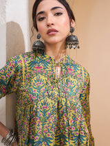 Women's Dark Mustard Floral Cambric Front Tie Knot Kurti