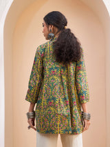 Women's Dark Mustard Floral Cambric Front Tie Knot Kurti
