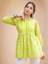 Women's Lime Green Floral Buttonned Lace Neck Gathered Kurti