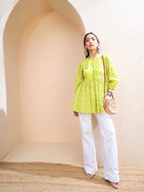 Women's Lime Green Floral Buttonned Lace Neck Gathered Kurti