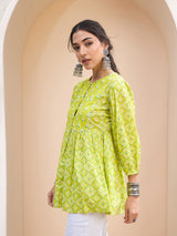 Women's Lime Green Floral Buttonned Lace Neck Gathered Kurti