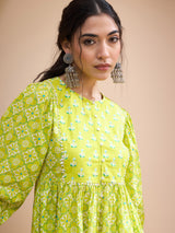 Women's Lime Green Floral Buttonned Lace Neck Gathered Kurti