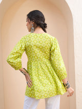 Women's Lime Green Floral Buttonned Lace Neck Gathered Kurti