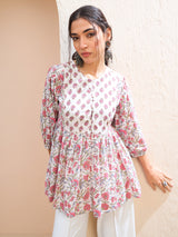 Women's White Floral Buttonned Lace Neck Gathered Kurti