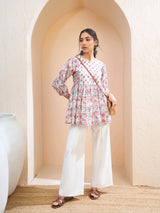 Women's White Floral Buttonned Lace Neck Gathered Kurti