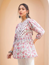 Women's White Floral Buttonned Lace Neck Gathered Kurti