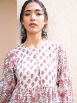 Women's White Floral Buttonned Lace Neck Gathered Kurti