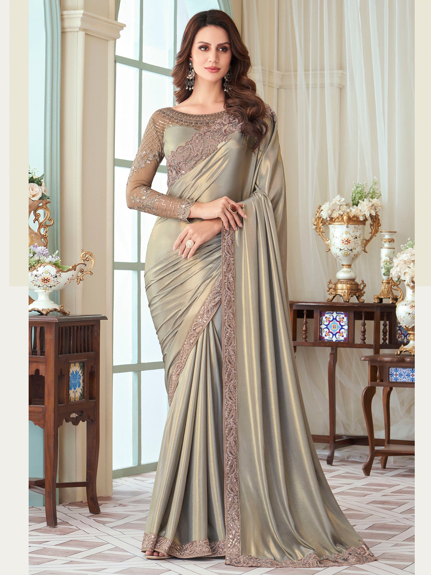 Women's Satin Silk Grey Embellished Designer Saree with Blouse Piece