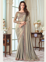 Women's Satin Silk Grey Embellished Designer Saree with Blouse Piece